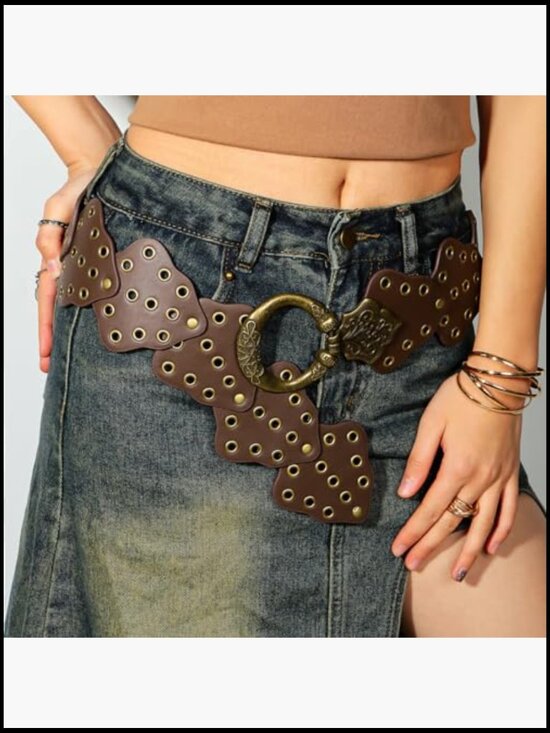 Hollow Wide PU Leather Belt with Metal Buckle Western Cowgirl Waist Belt